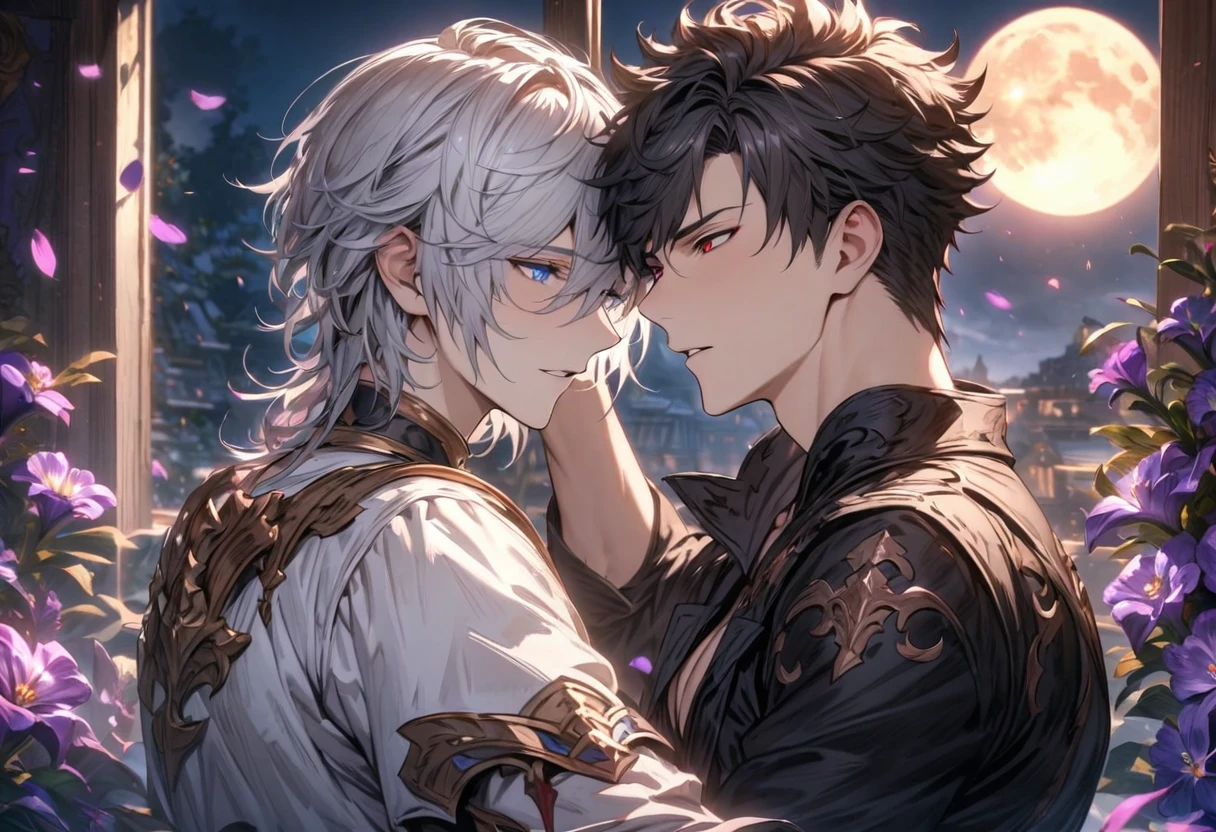 absurdres, highres, ultra detailed, HDR), masterpiece, Lucilius, white hair with bangs, white tunic, expressive blue eyes, Belial, black short hair, hair between the eyes, expressive red eyes, black clothes, 2men together, gay couple, handsome, granblue fantasy, purple flowers, purple petals, moon, window