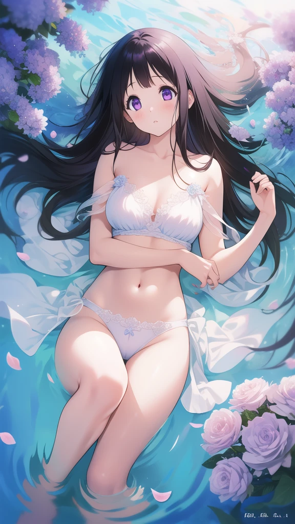 Stunning Chitanda, There is only one beautiful girl,purple eyes, black hair, Naturally straight hair, straight bangs,extremely refined,adult face,lips open,flowing long hair,Peerless beautiful girl, dreamlike,Slim,soft, (Sensual), (kawaii), Dream quality,No clothes on,Lying in a sea of flowers,bare shoulders,naked collarbones,bare neck,Bare thighs,Exposed groin,camel toe,bare legs,barefoot,extremely shy,ultra high resolution, (masterpiece:1.2, best quality), (Exquisite and beautiful eyes: 1.2), (Beautiful and delicate face)
