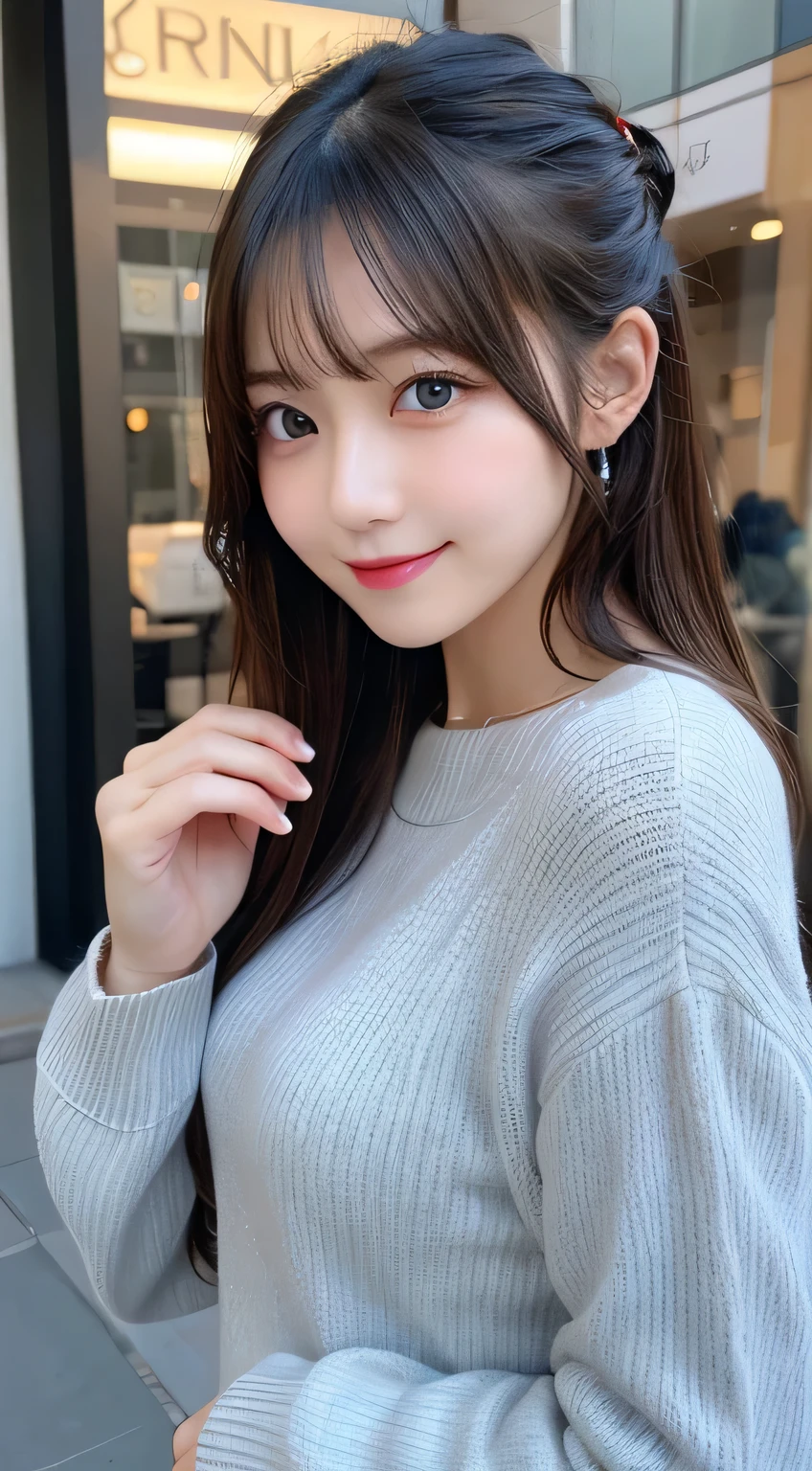 table top, highest quality, figure, Super detailed, finely, High resolution, 8k wallpaper, Perfect dynamic composition figure, detailed and beautiful eyes, Trendy women's fashion winter clothes,bun hair,small breasts natural color lip, sexy pose,smile,Harajuku、20 year old girl、cute、looking at camera
