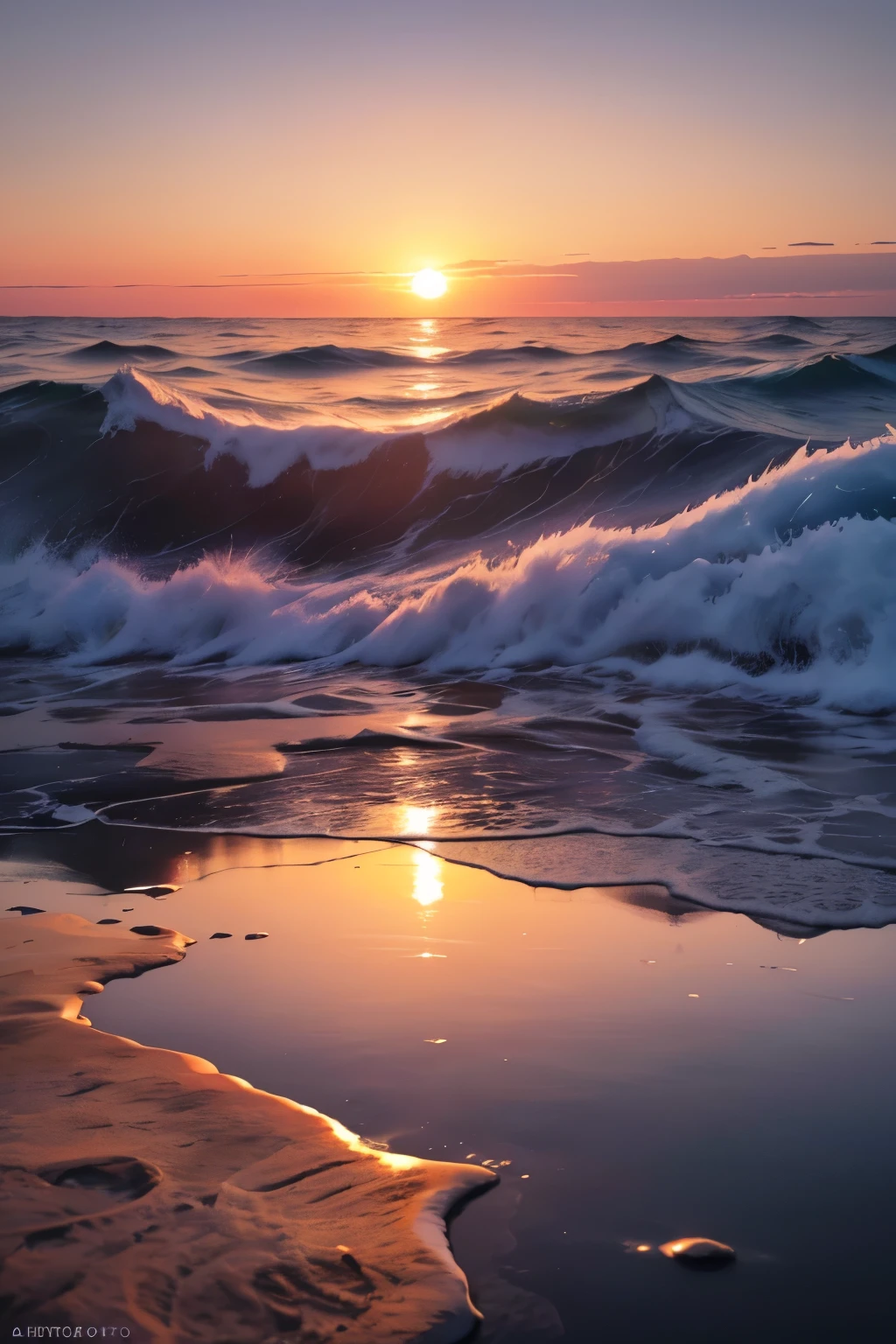 In the vast expanse of the ocean, the sun began its slow and graceful descent, casting a warm golden glow over the tranquil waters. The sky above gradually darkened, transitioning from vibrant oranges and reds to deep blues and purples. The scene was captivatingly beautiful, with the sun's reflection creating a mirror-like sheen on the surface of the water. The atmosphere was serene and peaceful, making for a breathtaking moment that seemed to freeze time itself. (photorealistic:1.6), (best quality), (8k), (HDR), (sharp focus), (wallpaper), (cinematic lighting)