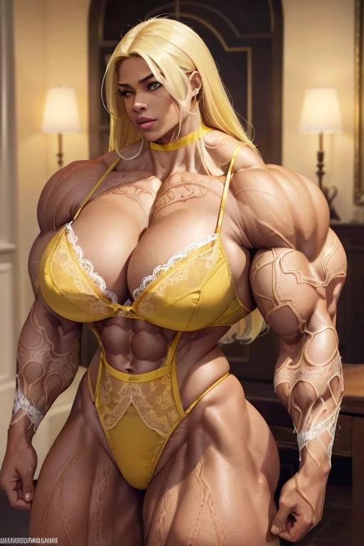 ((((Massive tall, beautiful, buff, brown skinned muscular woman with yellow hair, ginormous bulky muscles, and wearing a yellow lace lingerie)))), close view, massive muscle, massive biceps, hyper muscle shoulders, (massive muscle arms), massive shoulders, hyper muscle triceps, (flowing long hair), gray eyes, choker, (in a candlelight bedroom), confident smile, night, hyper vascular arm, hyper muscles arms, hyper muscle legs, (massive arms).