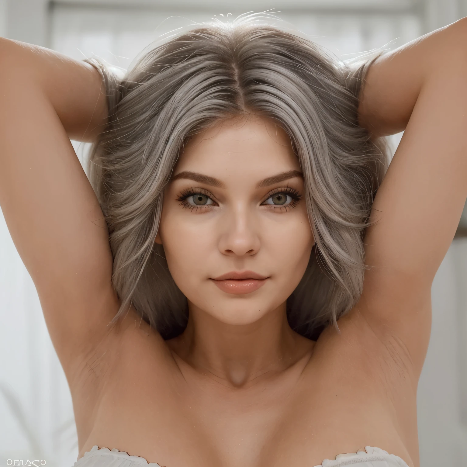 32K, ((nsfw)), hyper realistic photo, masterpiece, 1 beautiful Japanese middle-aged milf, 45 year old actress, (((((Yumi Kazama))))), sitting on the center of white bed, open her legs seductively, completely naked, ((musclar medium body)), ((not-sagging huge breasts)), tight breasts, erected thick nipples, hard thick nipples, musclar long nipples, detailed nipples, (((((seductive posing))))), , ((looking at viewer)), ((looking at viewer)), (((lewd smile))), (((sweaty body))), ((tiny silver panties)), detailed panties, cameltoe, ((beautiful silver hair)), short shaggy hair