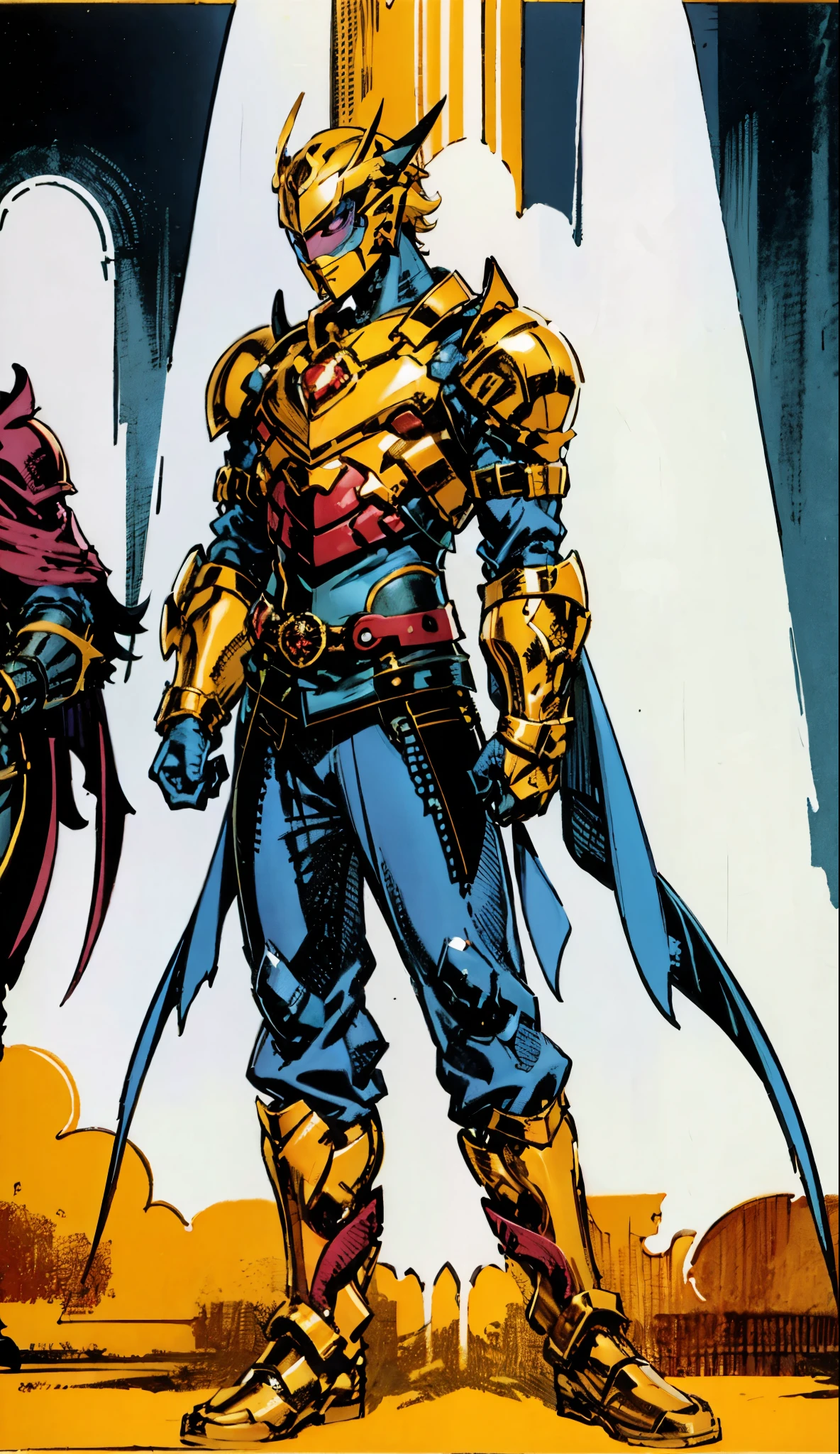A man with short golden hair slicked back, his face entirely obscured by a Dynastinae concept mask, full mask, cold gaze, clad in an indigo blue fantasy-style Dynastinae concept chest plate, his arms and legs are clad in matching armor, he wears a white undershirt and trousers with golden stripes, standing within a magnificent fantasy-style palace, this character embodies a finely crafted fantasy-style masked light armor warrior in anime style, exquisite and mature manga art style, high definition, best quality, highres, ultra-detailed, ultra-fine painting, extremely delicate, professional, perfect body proportions, golden ratio, anatomically correct, symmetrical face, extremely detailed eyes and face, high quality eyes, creativity, RAW photo, UHD, 32k, Natural light, cinematic lighting, masterpiece-anatomy-perfect, masterpiece:1.5