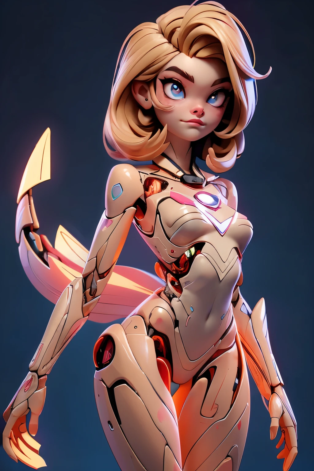 garota superhero ("Elle Fanning"), (corpo magro:1.3), Emissivo, Cintilante, neon, (Anatomia correta:1.4), robotic organs, grandes e amendoados olhos vermelhos cintilantes, sobrancelhas grossas, cabelo curto pixie
