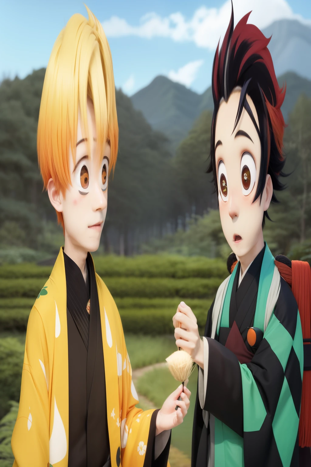 2 boys, 1 boy has yellow hair and and orange kimono, 1 boy has reddish hair and a black and green kimono, handing over a riceball, forest in the background