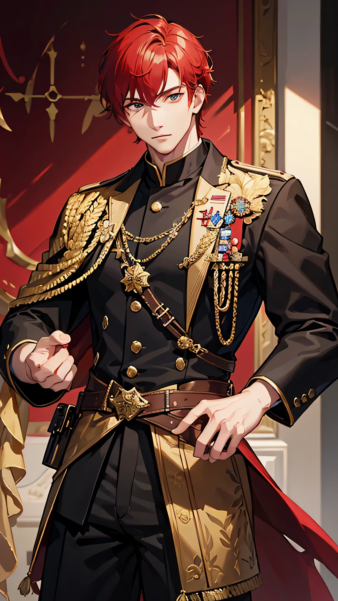 masterpiece、highest quality、8k、Super detailed depiction、a handsome guy、Handsome guy、red hair、black military uniform、ornaments、Officer