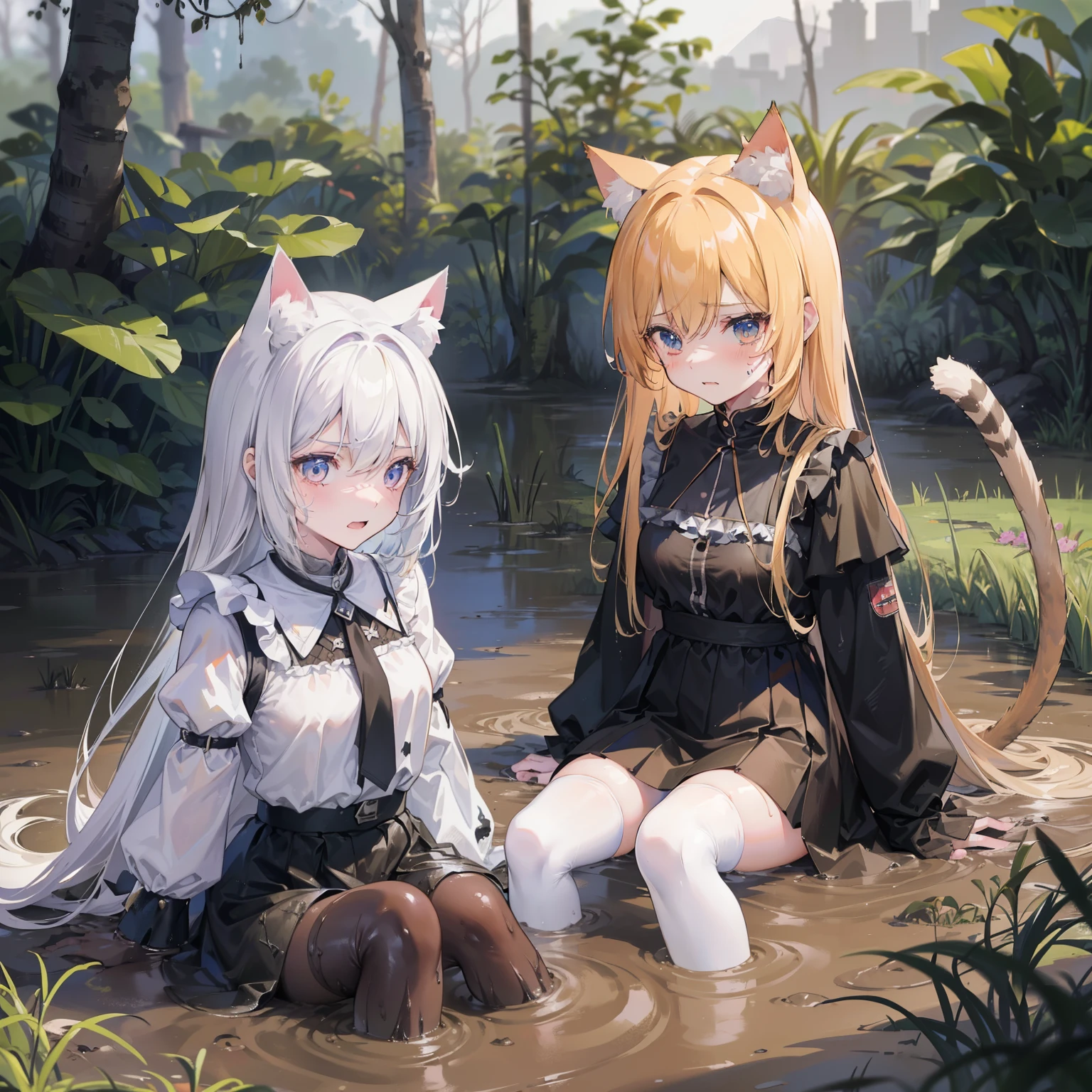 （best quality)，（detailed), (two girls），Struggling in the muddy swamp, Legs stuck in the mud, Covered with mud, With an expression of despair，A cat&#39;s tail，Cat ears on top of head，white stockings, Double tail，medium breasts，Jie Kang 