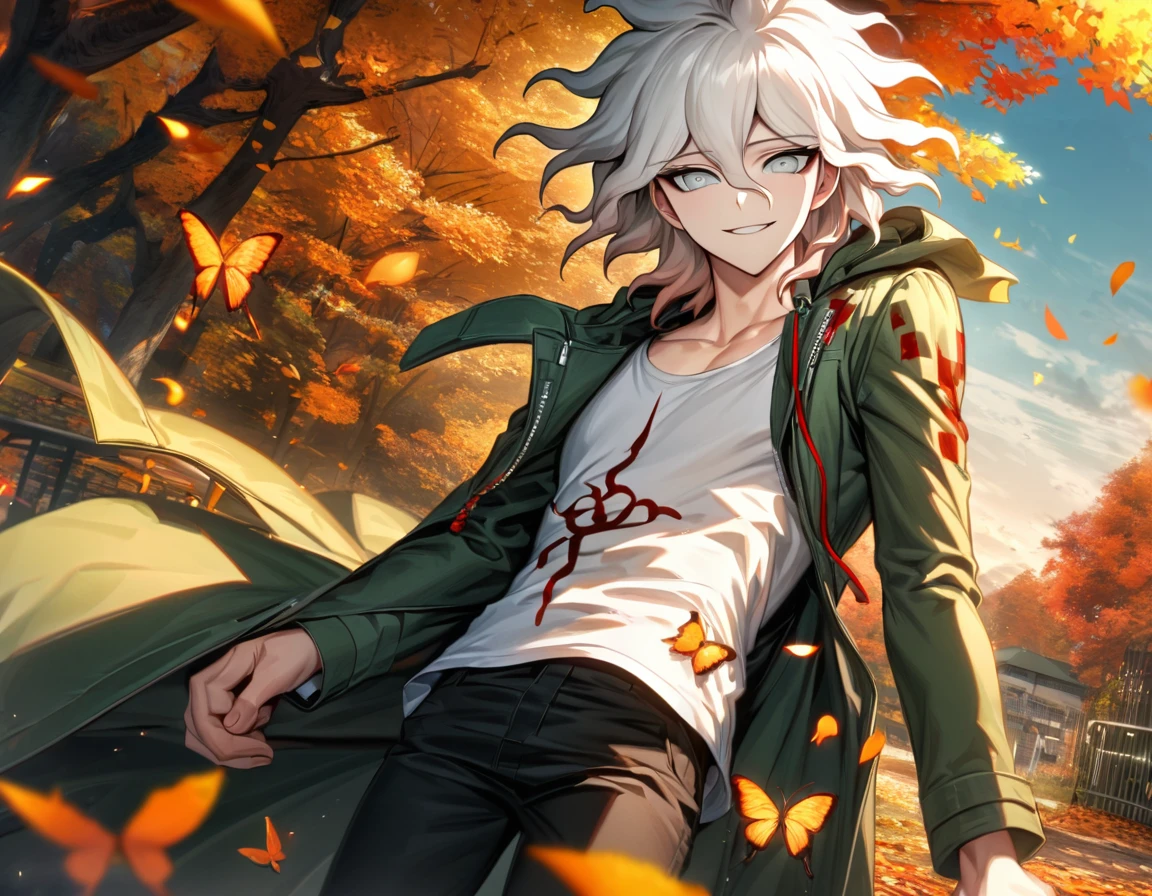 Ultra detailed, highres, absurdres, HDR, Komaeda Nagito, white hair, silver eyes, Danganronpa 2, green long coat, 1 man only, handsome, white t-shirt, autumn, black pants, flowers and petals, orange leaves, butterflies, smirking