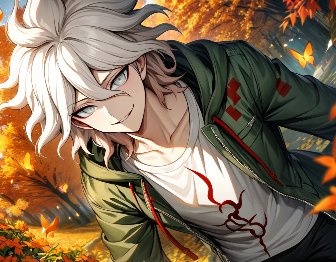 Ultra detailed, highres, absurdres, HDR, Komaeda Nagito, white hair, silver eyes, Danganronpa 2, green long coat, 1 man only, handsome, white t-shirt, autumn, black pants, flowers and petals, orange leaves, butterflies, smirking