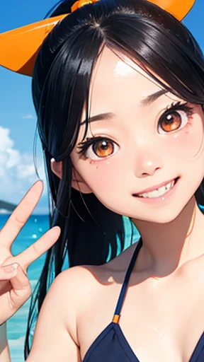 highest quality、realistic、Japanese、girl、zoom、look up、cute、orange eyes、twin tails、black hair、all back、Forehead is coming out、Ocean、turquoise swimsuit、joy、Grinning、face close up、small breasts、slender