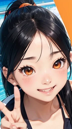 highest quality、realistic、Japanese、girl、zoom、look up、cute、orange eyes、ponytail、black hair、all back、Forehead is coming out、Ocean、light blue bikini、joy、Grinning、face close up、peace sign