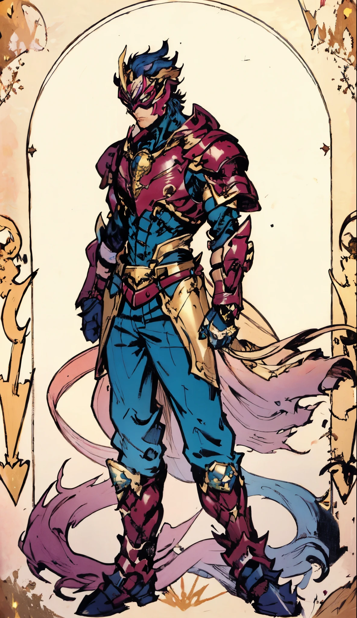 A man with short golden hair slicked back, his face entirely obscured by a Dynastinae concept mask, full mask, cold gaze, clad in an indigo blue fantasy-style Dynastinae concept chest plate, his arms and legs are clad in matching armor, he wears a white undershirt and trousers with golden stripes, standing within a magnificent fantasy-style palace, this character embodies a finely crafted fantasy-style masked light armor warrior in anime style, exquisite and mature manga art style, high definition, best quality, highres, ultra-detailed, ultra-fine painting, extremely delicate, professional, perfect body proportions, golden ratio, anatomically correct, symmetrical face, extremely detailed eyes and face, high quality eyes, creativity, RAW photo, UHD, 32k, Natural light, cinematic lighting, masterpiece-anatomy-perfect, masterpiece:1.5