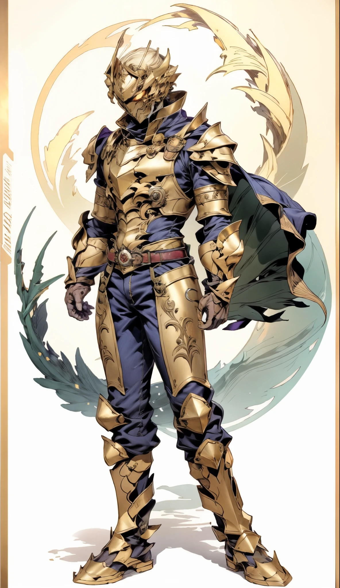 A man with short golden hair slicked back, his face entirely obscured by a Dynastinae concept mask, full mask, cold gaze, clad in an indigo blue fantasy-style Dynastinae concept chest plate, his arms and legs are clad in matching armor, he wears a white undershirt and trousers with golden stripes, standing within a magnificent fantasy-style palace, this character embodies a finely crafted fantasy-style masked light armor warrior in anime style, exquisite and mature manga art style, high definition, best quality, highres, ultra-detailed, ultra-fine painting, extremely delicate, professional, perfect body proportions, golden ratio, anatomically correct, symmetrical face, extremely detailed eyes and face, high quality eyes, creativity, RAW photo, UHD, 32k, Natural light, cinematic lighting, masterpiece-anatomy-perfect, masterpiece:1.5