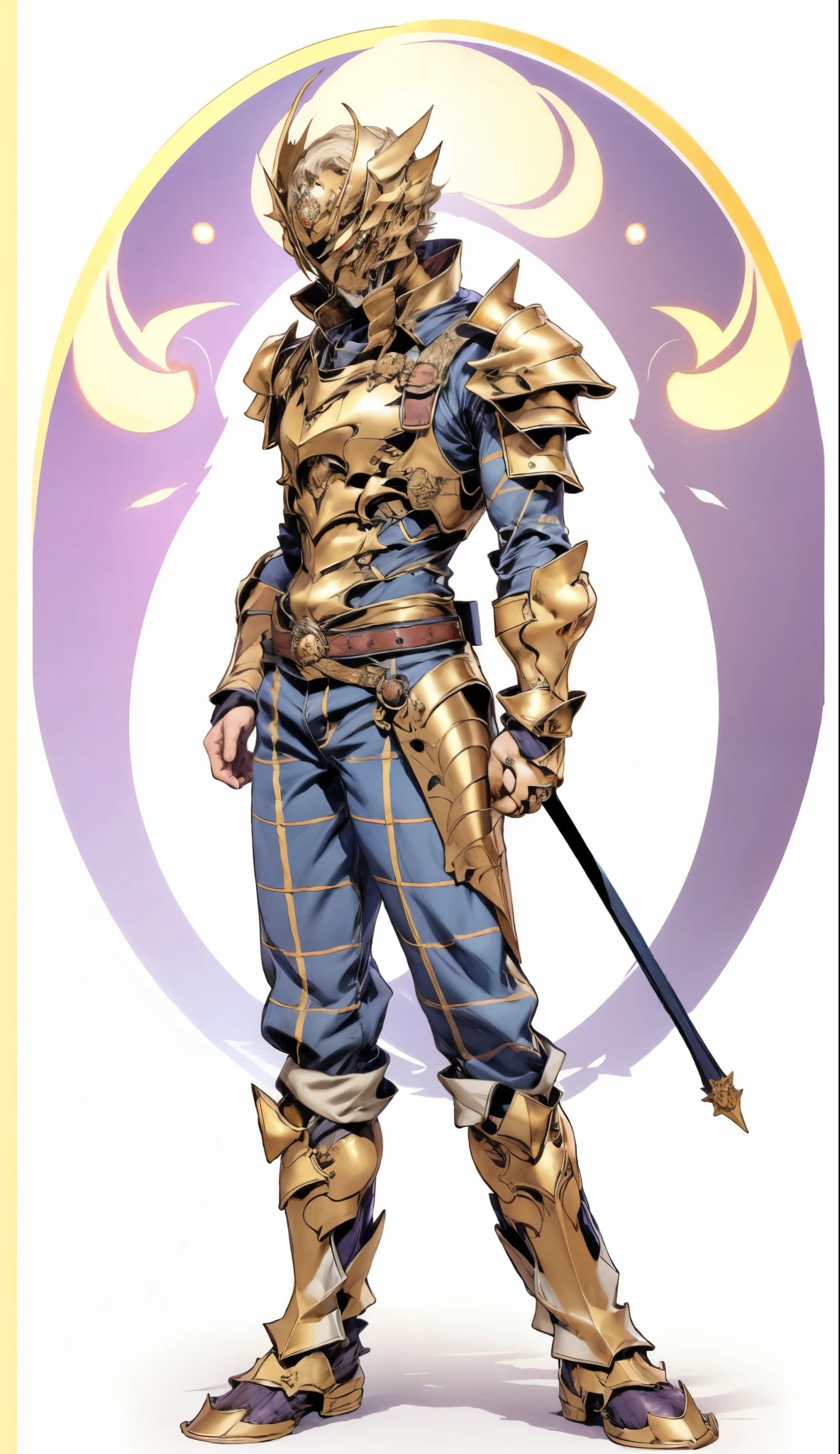 A man with short golden hair slicked back, his face entirely obscured by a Dynastinae concept mask, full mask, cold gaze, clad in an indigo blue fantasy-style Dynastinae concept chest plate, his arms and legs are clad in matching armor, he wears a white undershirt and trousers with golden stripes, standing within a magnificent fantasy-style palace, this character embodies a finely crafted fantasy-style masked light armor warrior in anime style, exquisite and mature manga art style, high definition, best quality, highres, ultra-detailed, ultra-fine painting, extremely delicate, professional, perfect body proportions, golden ratio, anatomically correct, symmetrical face, extremely detailed eyes and face, high quality eyes, creativity, RAW photo, UHD, 32k, Natural light, cinematic lighting, masterpiece-anatomy-perfect, masterpiece:1.5