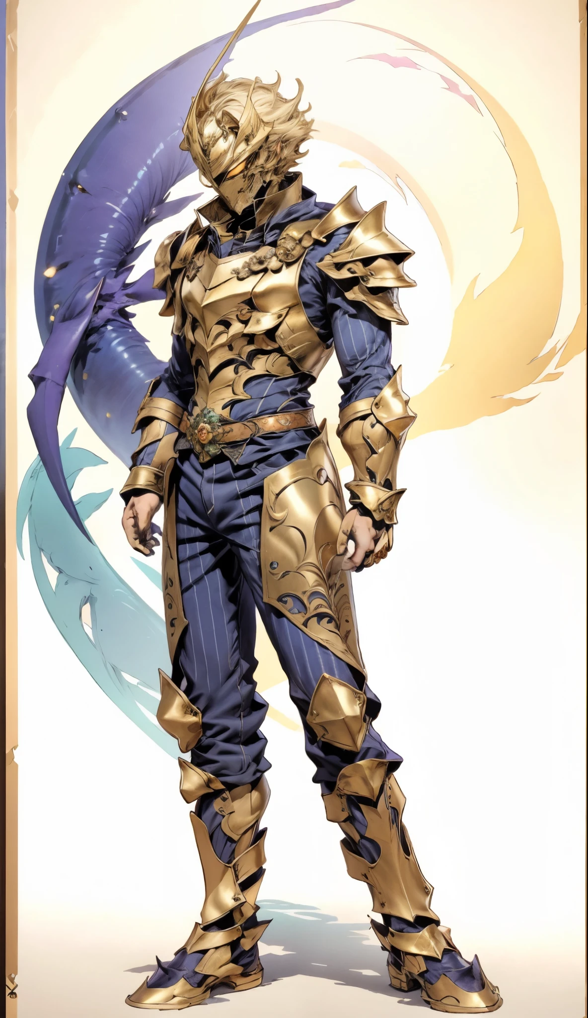 A man with short golden hair slicked back, his face entirely obscured by a Dynastinae concept mask, full mask, cold gaze, clad in an indigo blue fantasy-style Dynastinae concept chest plate, his arms and legs are clad in matching armor, he wears a white undershirt and trousers with golden stripes, standing within a magnificent fantasy-style palace, this character embodies a finely crafted fantasy-style masked light armor warrior in anime style, exquisite and mature manga art style, high definition, best quality, highres, ultra-detailed, ultra-fine painting, extremely delicate, professional, perfect body proportions, golden ratio, anatomically correct, symmetrical face, extremely detailed eyes and face, high quality eyes, creativity, RAW photo, UHD, 32k, Natural light, cinematic lighting, masterpiece-anatomy-perfect, masterpiece:1.5