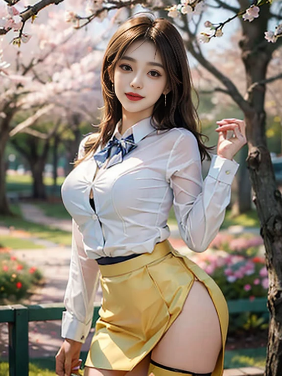 ((whole body)), ((from below)), ((walk in the park)), ((realistic)), 1 girl, looking at viewer, detailed scene, straight hair, air bang, beautiful hair accessories, brownish yellow hair, ((white colored blouse, Short tight skirt, neck bow tie, high heel)), (Campus Style), warm lighting, warm color palette, More details, very detailed, (masterpiece, best quality), (Very detailed and beautiful work), delicate earrings, delicate necklace, simple blurred background, extreme detail description, Ultra-fine painting, delicate face, slim body, (smile, tooth exposure), (anatomy correct), Big and attractive , stockings, Cherry Blossom, thin waist, Cherry Blossom나무를 바라보다