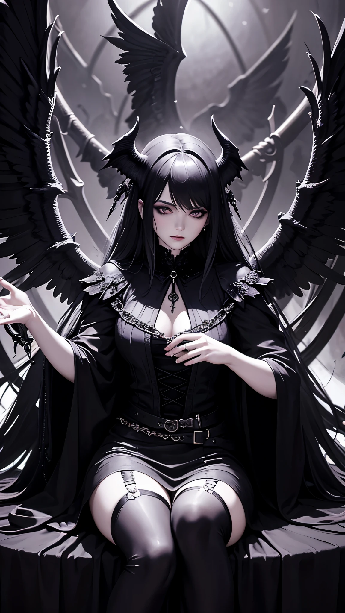 un primer plano de una mujer sentada en una silla con alas, gothic fantasy art, Vampiro femenino con alas de cuervo, gothic art style, neogothic art, gothic art, the villain has black angel wings, Detailed 3D Gothic oil painting, y mumford tom bagshaw, female lord of change, Alas de plumas oscuras, in style of dark fantasy art, Dark fantasy style art..