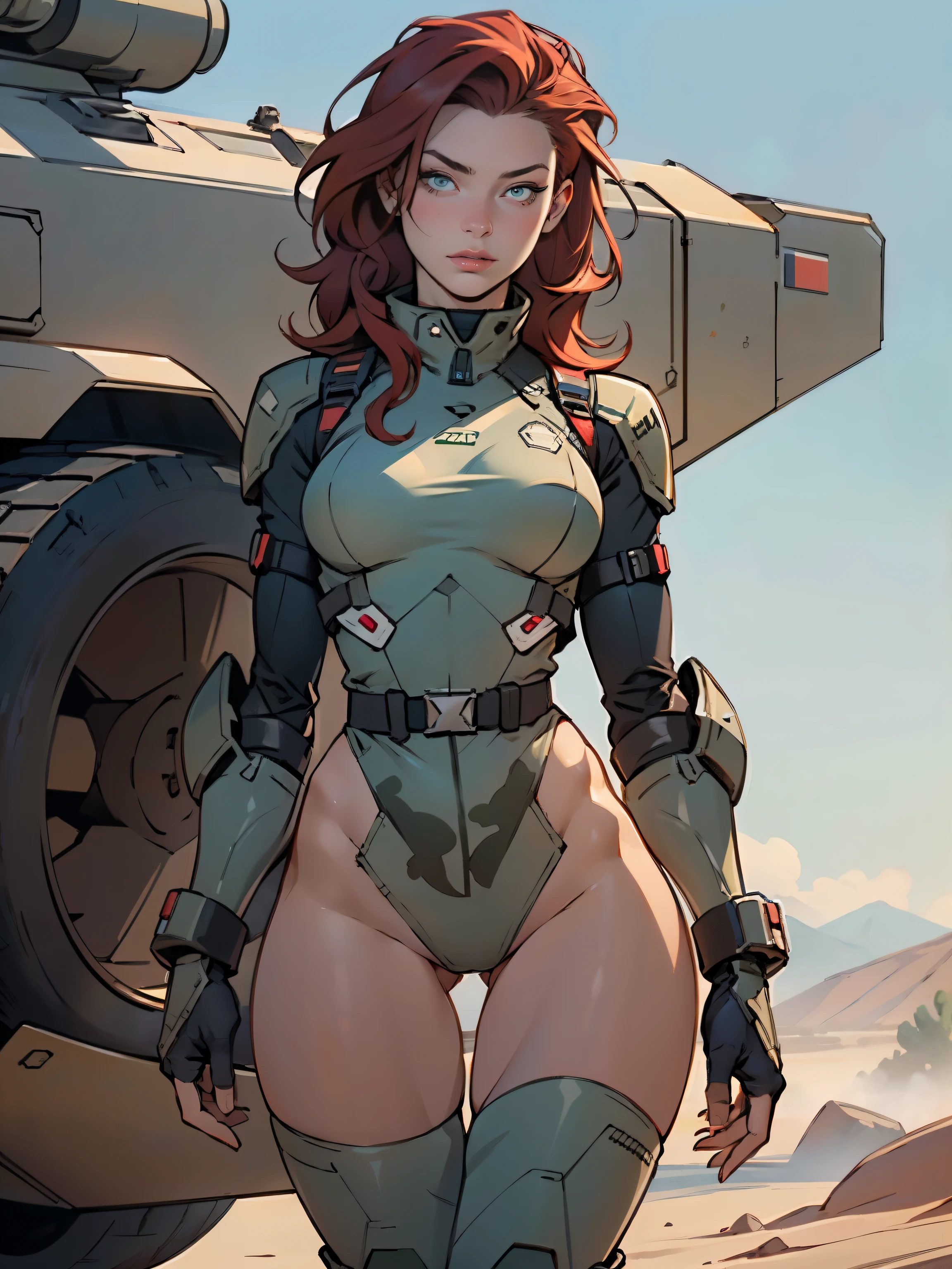 1woman 20 years old, military, beautiful, perfect body, realistic, red hair, perfect body, thin waist, , large breasts, slim thighs, desert background, armored vehicle, flying fighters, military robot dog, camouflaged uniform, wealth of details, tight panties, marking on the front, slender knees, highly detailed, high resolution, prefect hands, slender thighs, show knees, thigh gap, alert eyes
