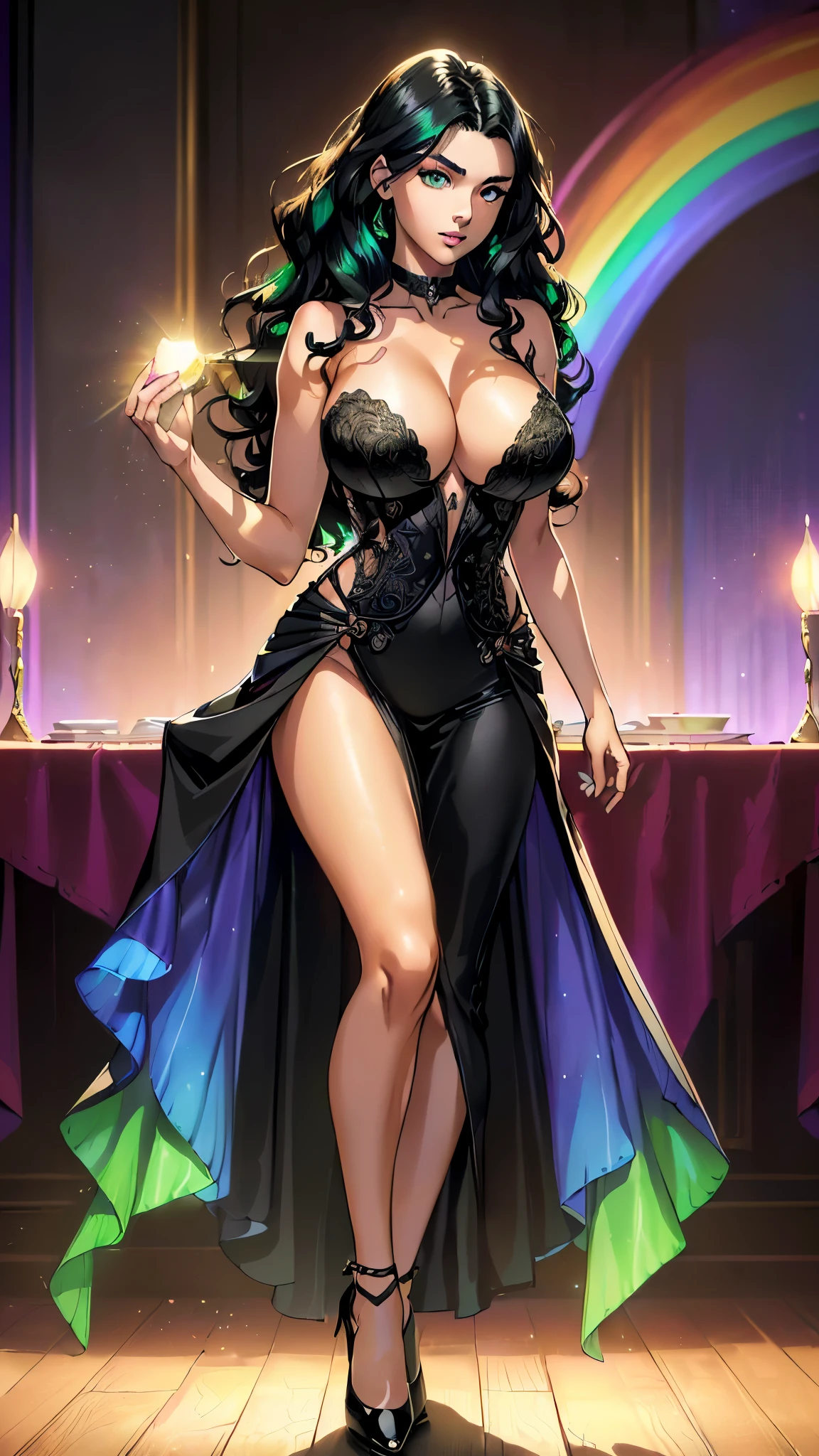((((((A young woman))), the anime, ( The eyes are green), (black hair), Nice face, ssmile, the perfect body, Wavy Hair, hairlong, (((morena))), big breastes, ((tmasterpiece, beste-Qualit)), illustartion, ультра детализированная 8k, Photorealistic, sharp-focus, higly detailed, Professional lighting, colorful details, Rainbow colors, Glowing, intricate detials, Vivid details, evening gown, Shoes,Bright make-up, Business Evening, Dinner at the restaurant