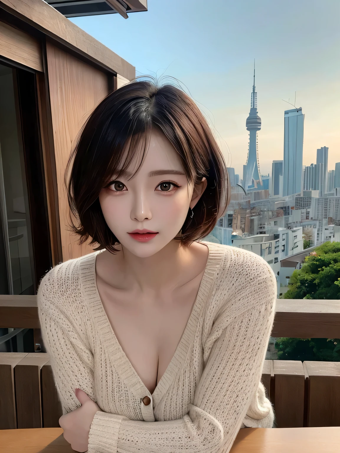 table top, highest quality, Photoreal, finely, High resolution, 8k wallpaper, perfect dynamic composition, detailed and beautiful eyes, short cut hair, random sexy poses,random situation、Tight knitwear、chest bulge、laughter、cityscape、40 years old、(droopy eyes 1.3)、adult beauty、natural makeup、Japanese