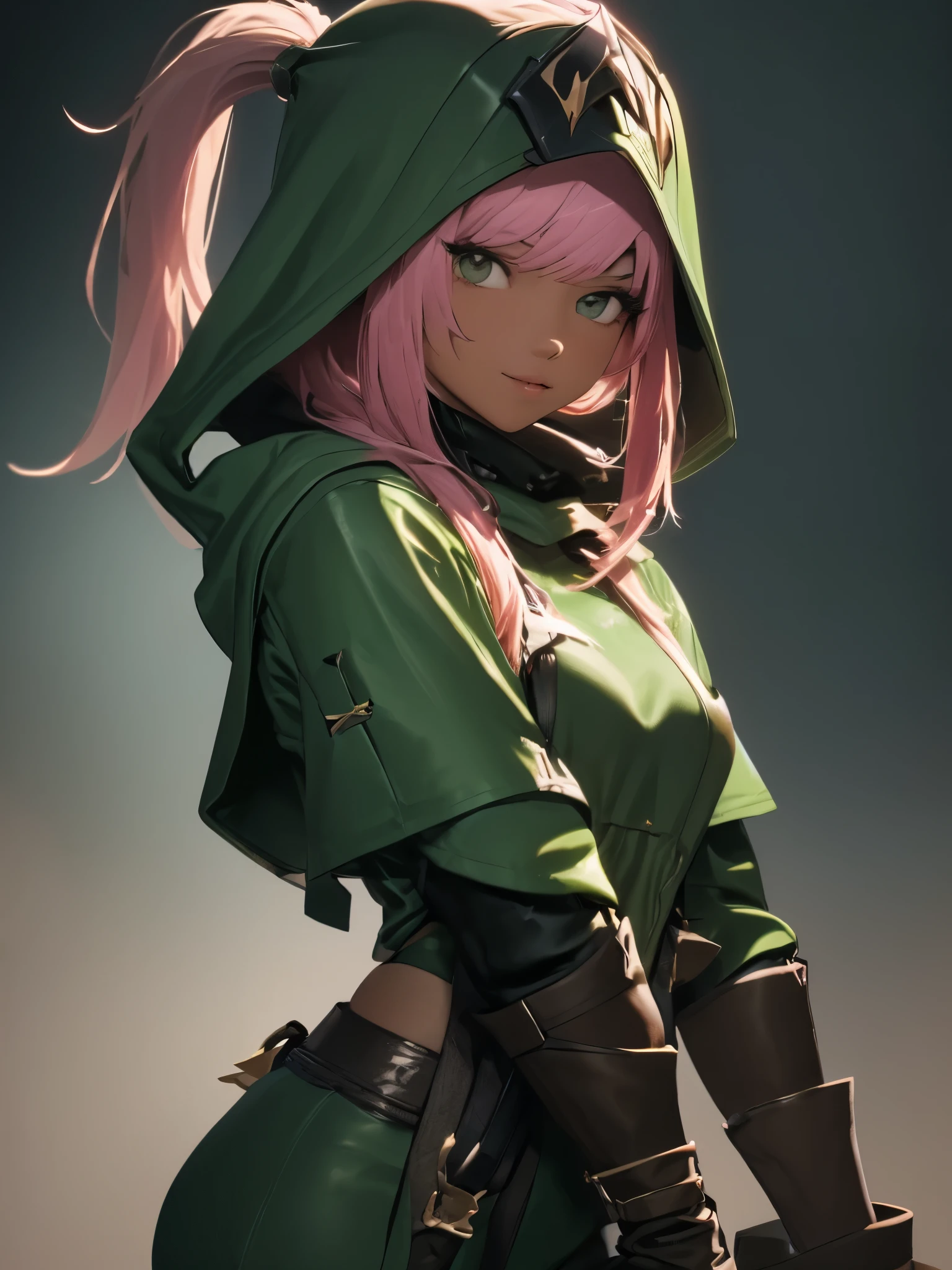 Cinematic soft lighting illuminates an incredibly detailed and ultra-realistic close-up of Tati Gabrielle in a green hooded outfit, Mortal Kombat 11, Jade do Mortal Kombat, em mortal kombat, mk ninja, vestindo armadura verde e capacete, Akali, decolar, what&#39;s trending on ArtStation. Octane is the perfect tool for capturing the softest details of this masterpiece of 16k photography