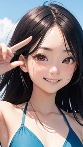 highest quality、realistic、Japanese、girl、zoom、look up、cute、orange eyes、ponytail、black hair、all back、Forehead is coming out、Ocean、light blue bikini、joy、Grinning、face close up、peace sign