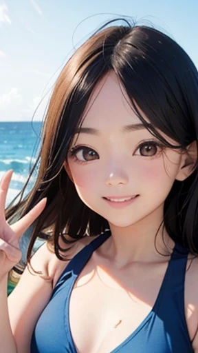 highest quality、realistic、Japanese、girl、zoom、look up、cute、orange eyes、Boff Hair、black hair、all back、Forehead is coming out、Ocean、light blue bikini、joy、Grinning、face close up、peace sign