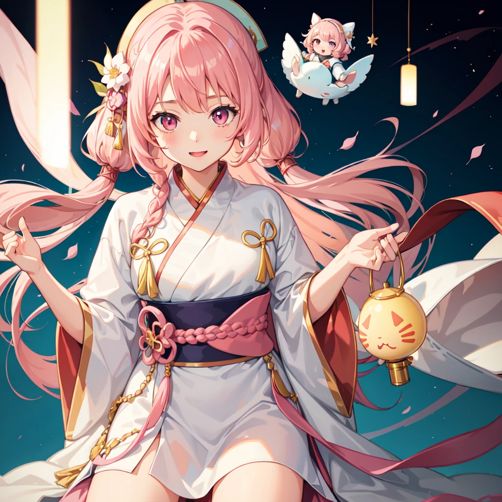 1girl, (hanfu), glowing, sidelighting, wallpaper, chibi, baby face, pink hair