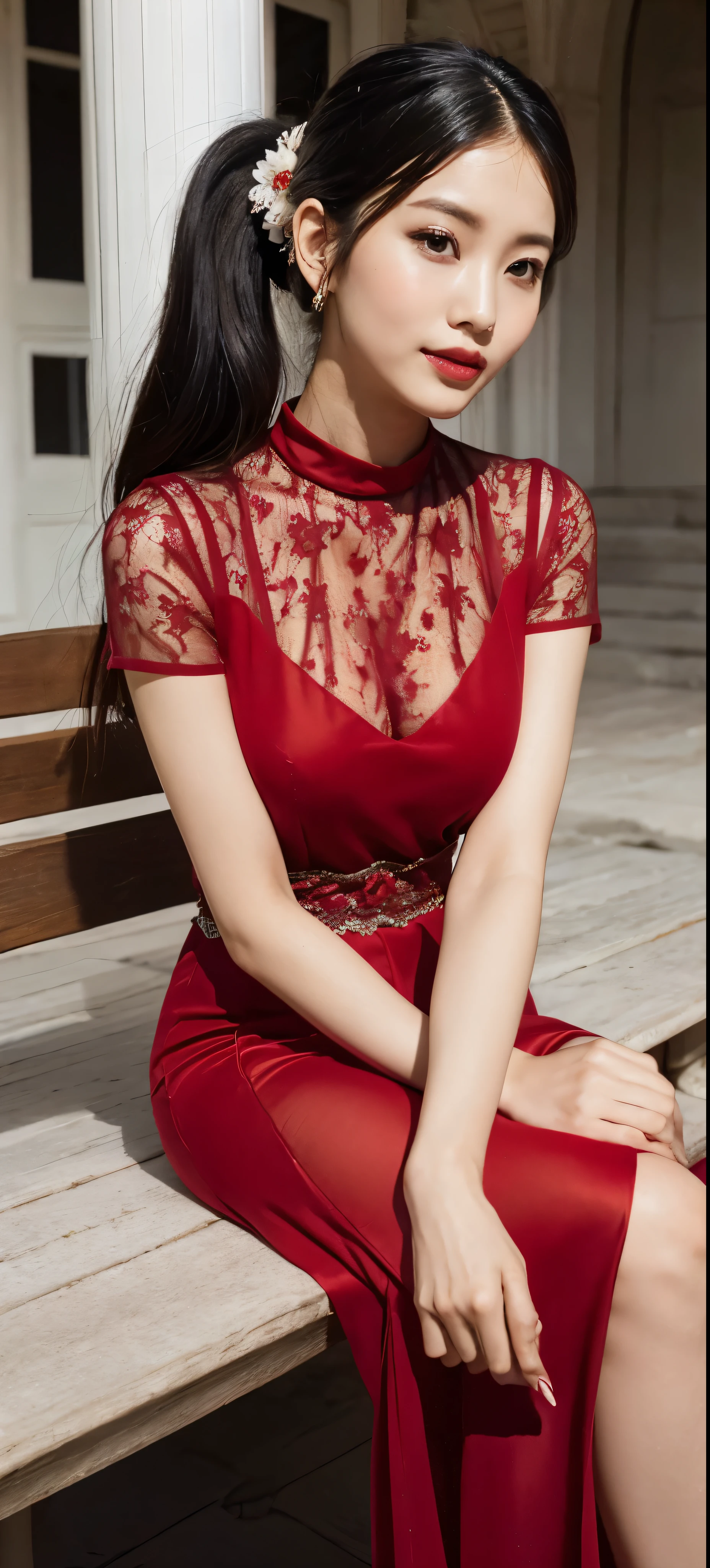 1girl,baiyi,large breasts,red lips,smile,ponytail,realistic, 1 girl, indonesian girl, 23 years old, (black hair super-long 1 meters), (very beautiful face, very sweet, sharp eyes like an angel from heaven ), (beautiful hair), actress, smile, shiny skin, best quality, masterpiece, (photorealistic:1.4), terrace seating, asian, indonesian, jakarta, denim long skirt (realistic fabric), white short sleeves (cotton fabric), (no logo), thin fingers, a woman in a red dress posing for a picture in a courtyard, a picture by Emma Andijewska, tumblr, tachisme, sexy gown, opened dress, wearing an elegant dress, fantasy long intricate gown, sexy dress, dressed beautiful gown, red gown, wearing a magnificent dress, dressed in red lace, translucent dress, extravagant dress, see through dress