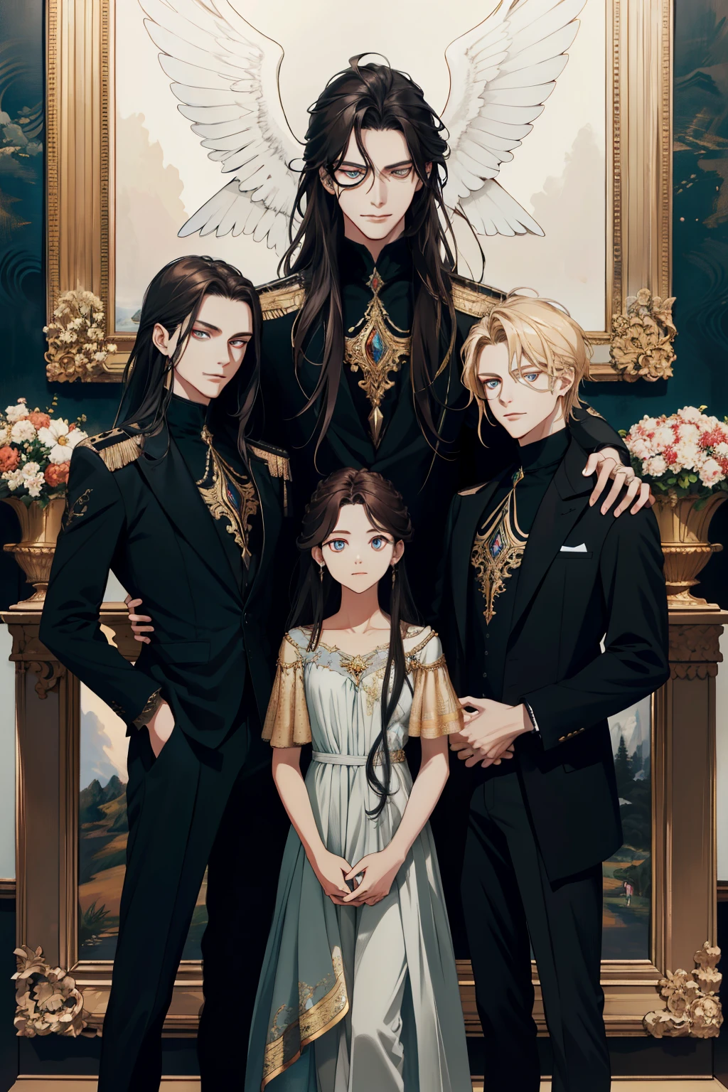 (absurd, high resolution, ultra detailed), When I noticed a painting on the wall.
It was a portrait of my family.
Zephyr stood beside. Valendrya. Her Dark hair and golden eyes highly resembled me. 
I stood in front of her With Valsendrake and Icarus standing beside me. 
painting