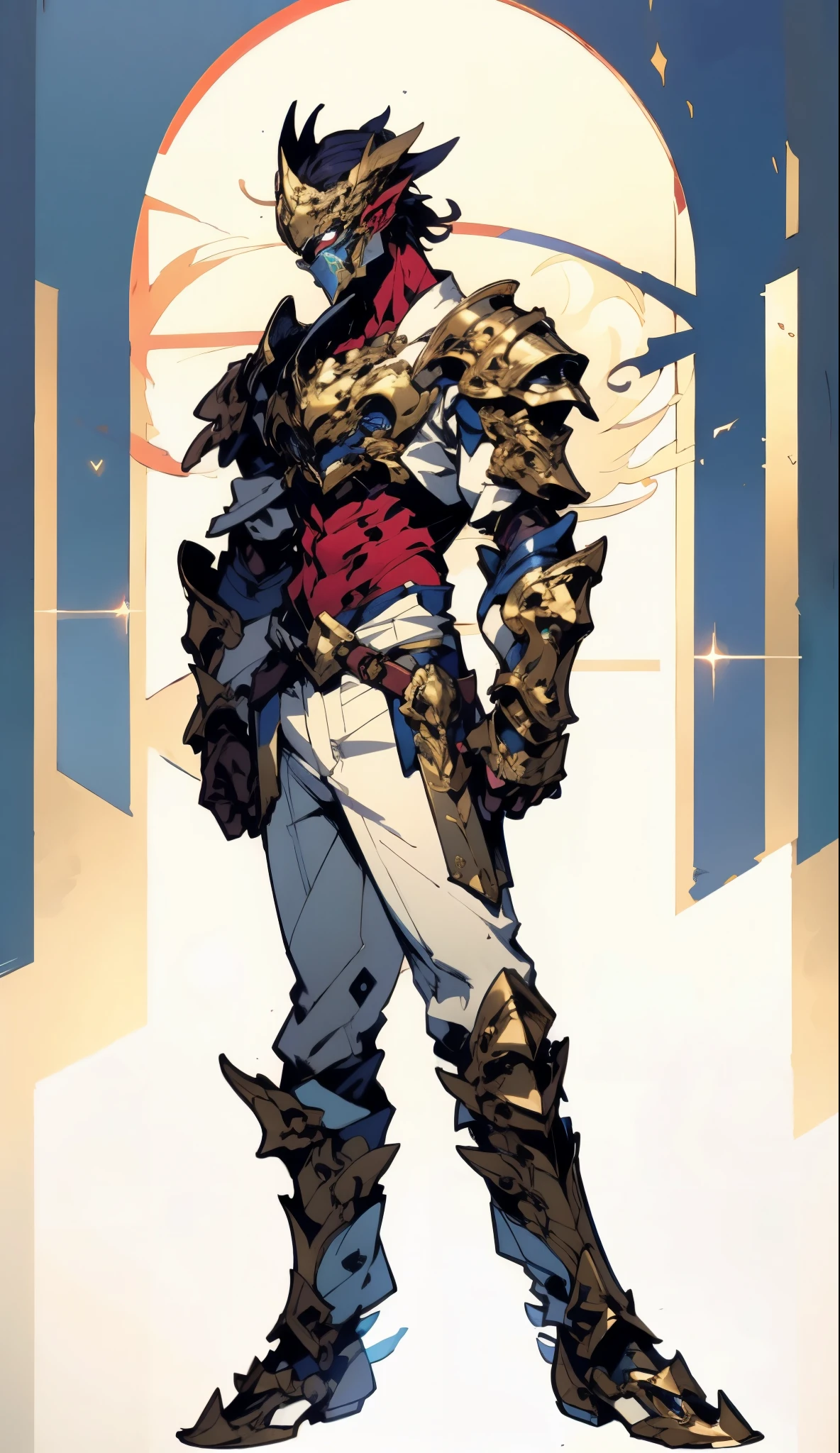 A man with short golden hair slicked back, his face entirely obscured by a Dynastinae concept mask, full mask, cold gaze, clad in an indigo blue fantasy-style Dynastinae concept chest plate, his arms and legs are clad in matching armor, he wears a white undershirt and trousers with golden stripes, standing within a magnificent fantasy-style palace, this character embodies a finely crafted fantasy-style masked light armor warrior in anime style, exquisite and mature manga art style, high definition, best quality, highres, ultra-detailed, ultra-fine painting, extremely delicate, professional, perfect body proportions, golden ratio, anatomically correct, symmetrical face, extremely detailed eyes and face, high quality eyes, creativity, RAW photo, UHD, 32k, Natural light, cinematic lighting, masterpiece-anatomy-perfect, masterpiece:1.5