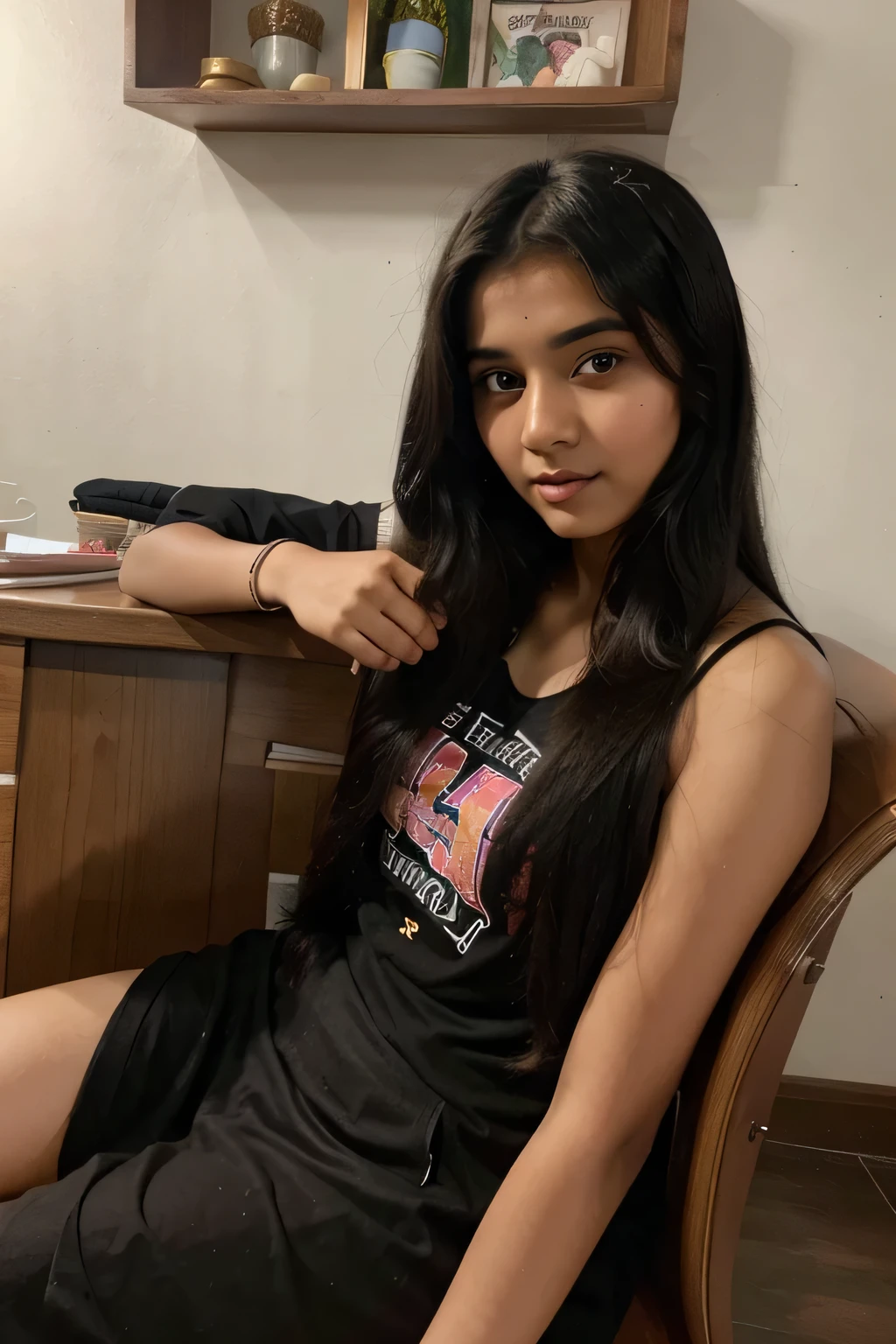 beautiful cute young attractive indian age girl 18 years old, cute, Instagram model, long black_hair, colorful hair, warm, dacing, in home sit at sofa, indian