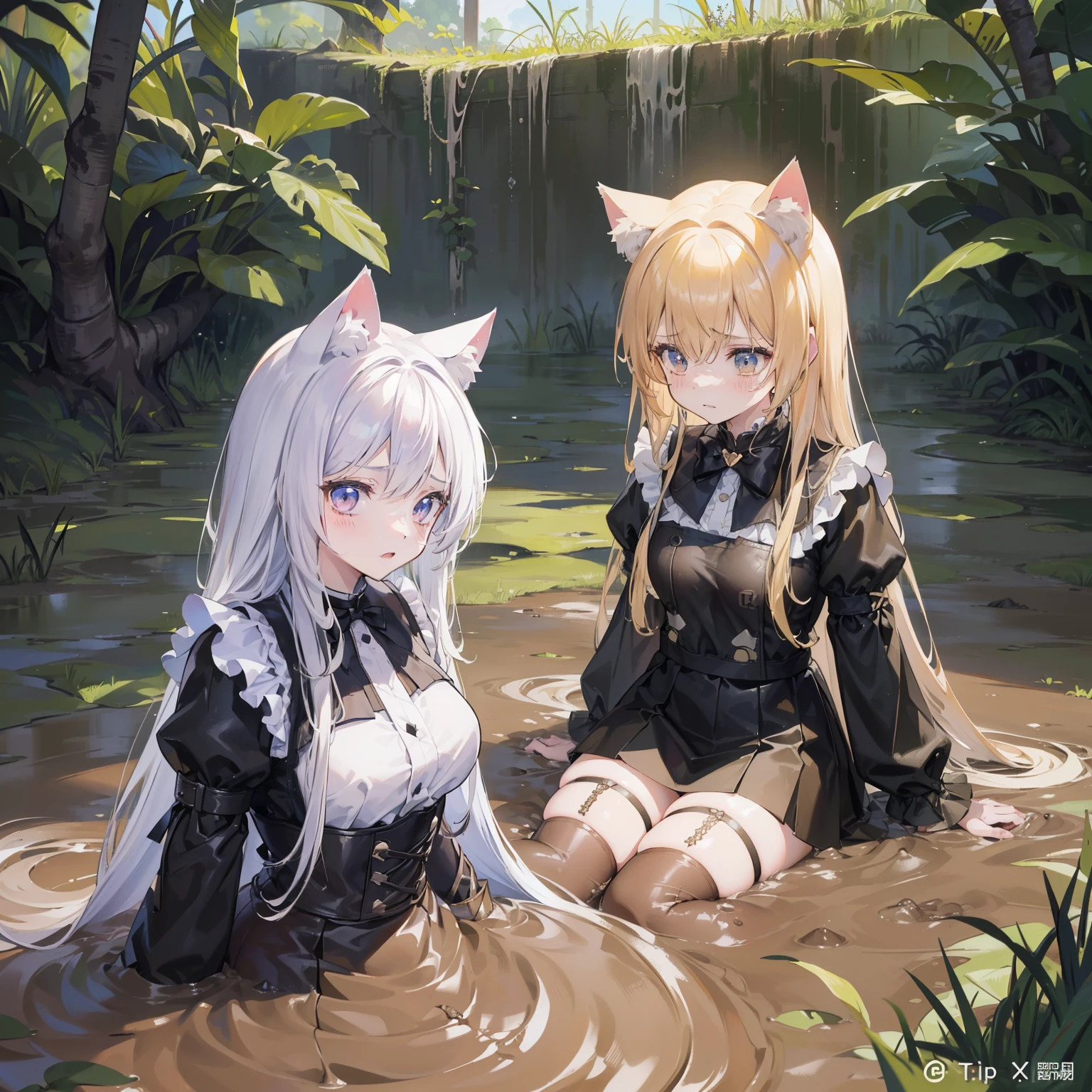 (best quality),(detailed), (two girls),Struggling in the muddy swamp, Legs stuck in the mud, Covered with mud, With an expression of despair,A cat's tail,Cat ears on top of head,white stockings, Double tail,medium breasts,Jie Kang