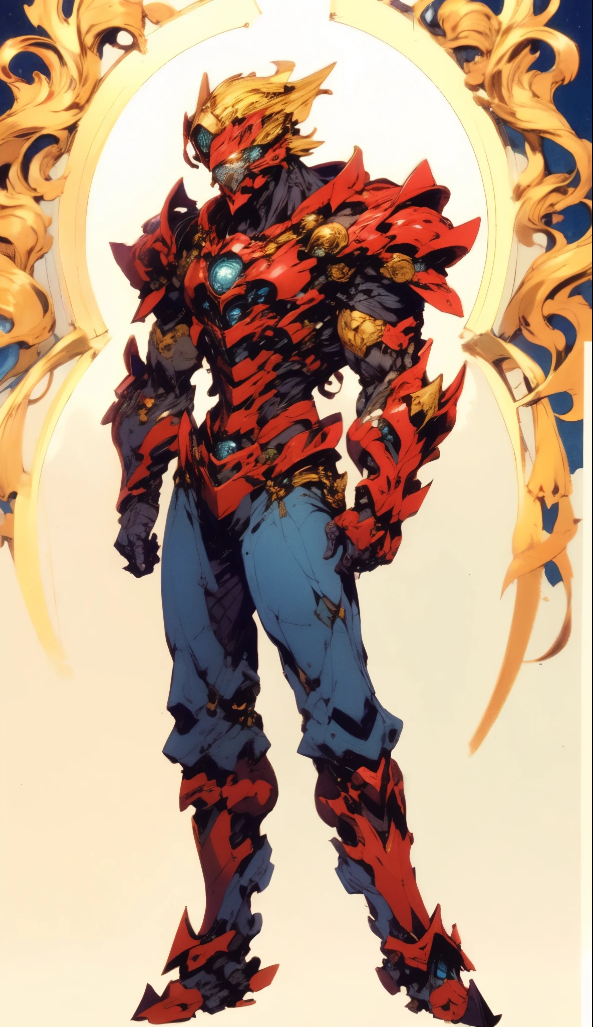 A man with short golden hair slicked back, his face entirely obscured by a Dynastinae concept mask, full mask, cold gaze, clad in an indigo blue fantasy-style Dynastinae concept chest plate, his arms and legs are clad in matching armor, he wears a white undershirt and trousers with golden stripes, standing within a magnificent fantasy-style palace, this character embodies a finely crafted fantasy-style masked light armor warrior in anime style, exquisite and mature manga art style, bio mecha, muscle tissue, high definition, best quality, highres, ultra-detailed, ultra-fine painting, extremely delicate, professional, perfect body proportions, golden ratio, anatomically correct, symmetrical face, extremely detailed eyes and face, high quality eyes, creativity, RAW photo, UHD, 32k, Natural light, cinematic lighting, masterpiece-anatomy-perfect, masterpiece:1.5
