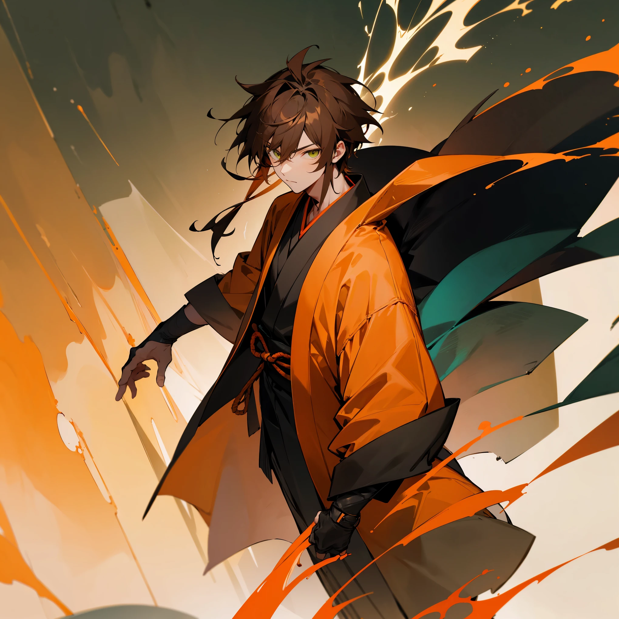 1male , Black Yukata , Orange Overcoat , Orange Haori , Combat Clothing , Japanese , Black Bair , Standing on path , Brown Hair , Green Eyes , Muscular , Wrist Guards , Facing Viewer