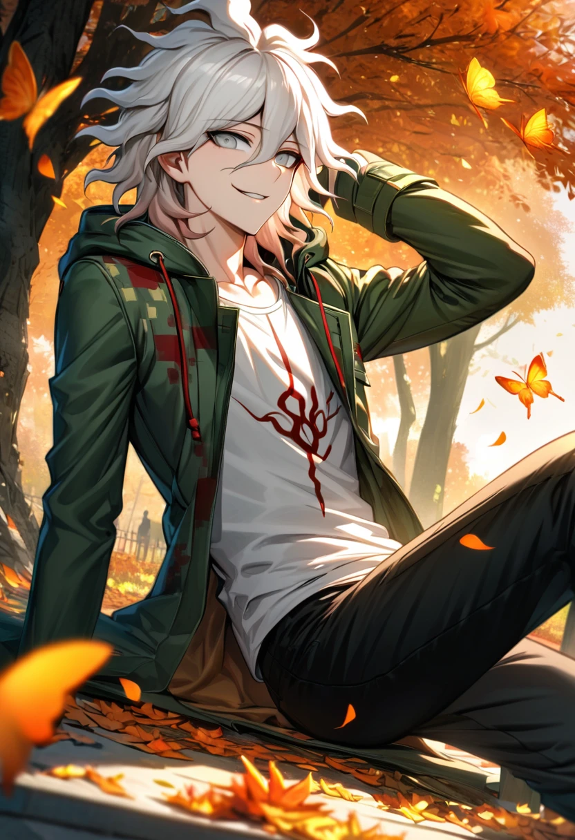 Ultra detailed, highres, absurdres, HDR, Komaeda Nagito, white hair, silver eyes, Danganronpa 2, green long coat, 1 man only, handsome, white t-shirt, autumn, black pants, flowers and petals, orange leaves, butterflies, smirking