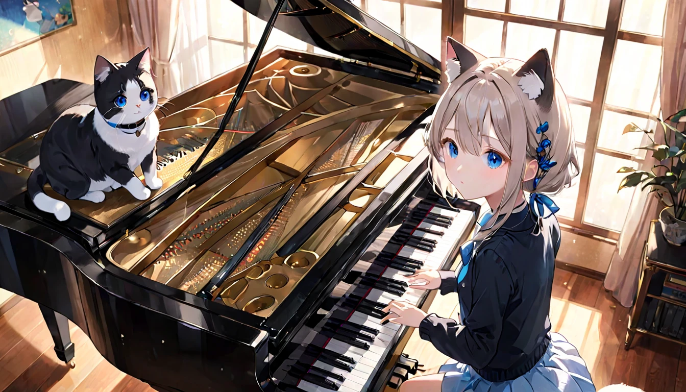 (1girl)、music room、Girl playing classical piano、Girl speaking into microphone stand、Cat ear、Clear eyes、Depicted from a top-down perspective