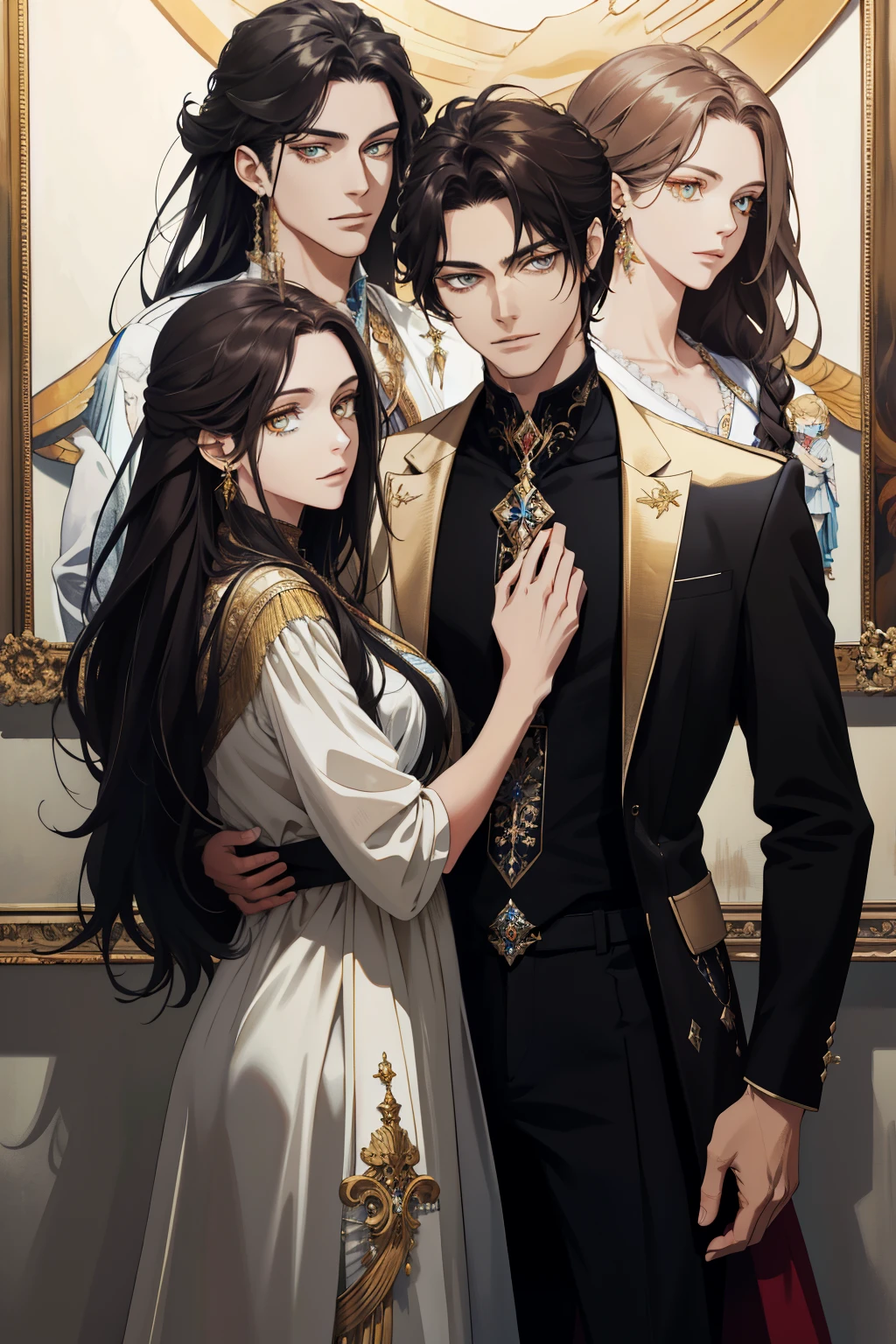 (absurd, high resolution, ultra detailed), When I noticed a painting on the wall.
It was a portrait of my family.
Zephyr stood beside. Valendrya. Her Dark hair and golden eyes highly resembled me.
I stood in front of her With Valsendrake and Icarus standing beside me.
painting