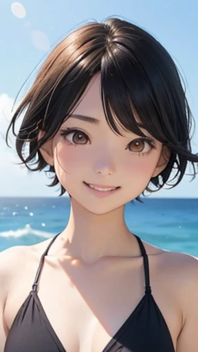 highest quality、realistic、Japanese、girl、zoom、look up、cute、orange eyes、short hair、black hair、all back、Forehead is coming out、Ocean、light blue bikini、joy、Grinning、face close up、small breasts、slender