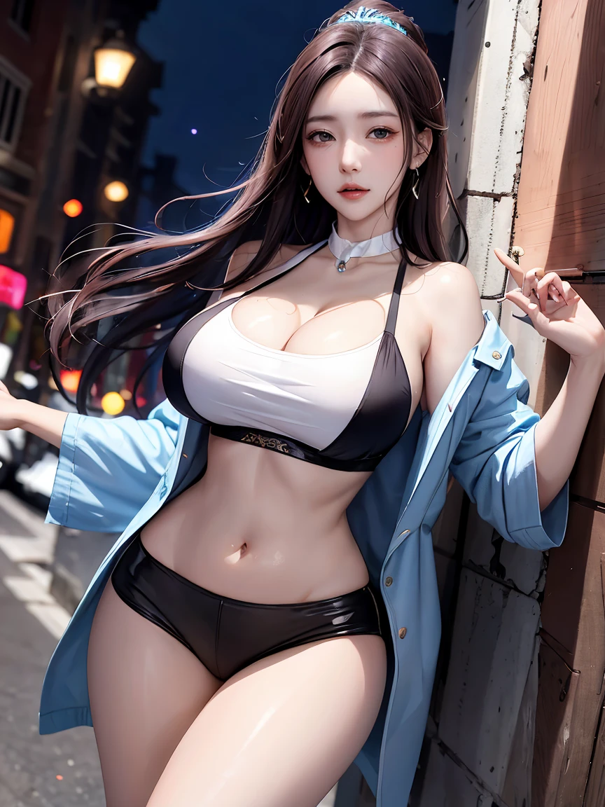 (masterpiece, best quality, 1个Giant Breast Girl, alone, Exquisite details, Color difference), top quality、8K、32k、masterpiece现实, ((Breathe in moderation)), long gray hair,One with white and red hair, red headdress, pink highlight, hair above one eye, ear nipple ring, keen vision,collar,neon shirt,convertible coat,crop top,(symmetrical eyes,no eye circles,beautiful eyes),The hand is in the sleeve,no fingers appear,(Perfectly symmetrical figure),Against the wall,Brick wall,doodle,dim lights,alley,looking at the audience,Showing thighs,white and thin,beautiful breasts、huge breasts:1.4beautiful breasts、huge breasts:1.4