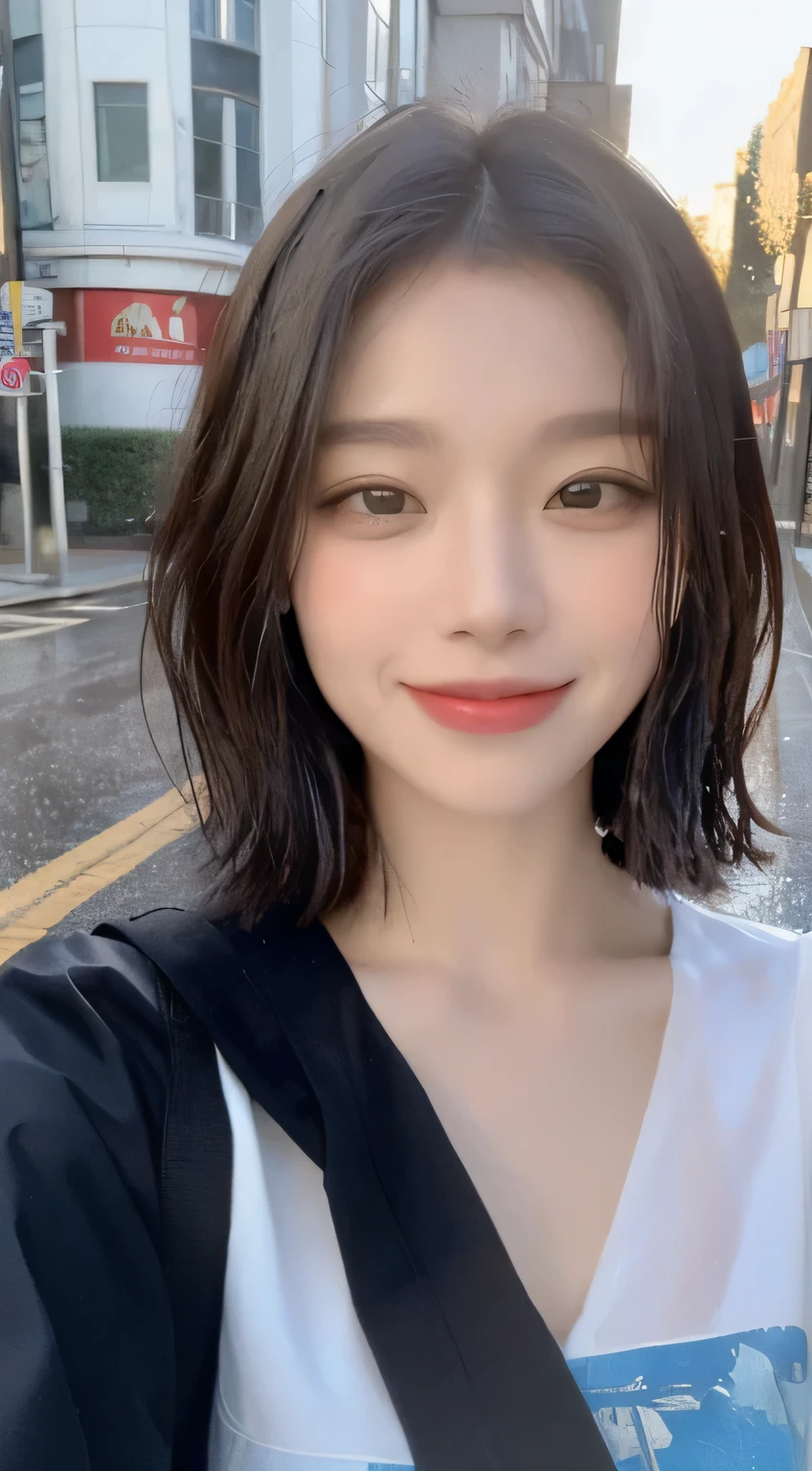 ((highest quality, 8K, masterpiece:1.3)), concentrated: 1.2, perfect body beauty: 1.4, buttocks: 1.2, ((layered haircut, chest: 1.2)), (wet clothes: 1.1), (rain, street:1.3), bandeau dress: 1.1, Highly detailed face and skin texture, fine eyes, double eyelid, Whitening skin, long hair, (shut up: 1.3), smile