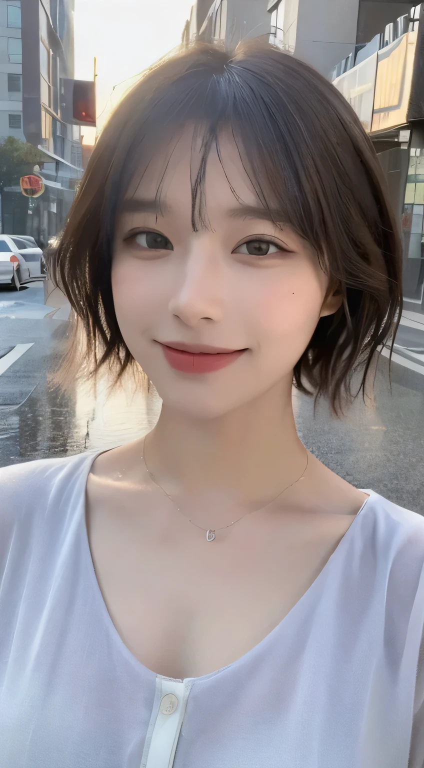((highest quality, 8K, masterpiece:1.3)), concentrated: 1.2, perfect body beauty: 1.4, buttocks: 1.2, ((layered haircut, chest: 1.2)), (wet clothes: 1.1), (rain, street:1.3), bandeau dress: 1.1, Highly detailed face and skin texture, fine eyes, double eyelid, Whitening skin, long hair, (shut up: 1.3), smile