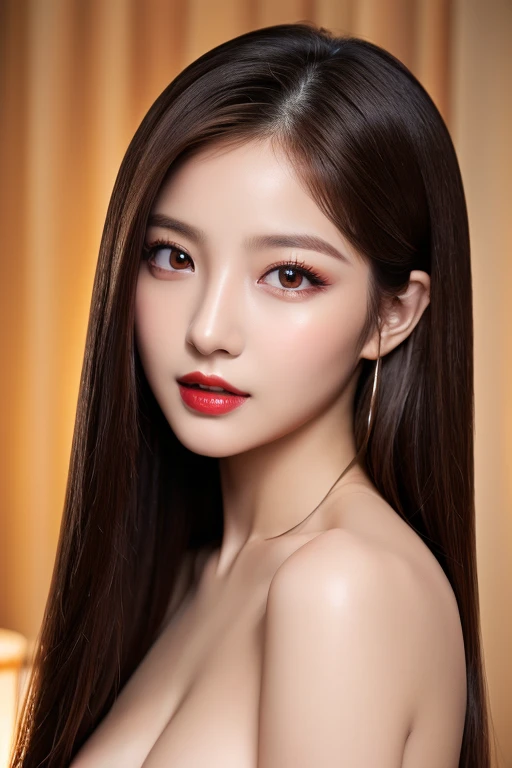 (highest quality、table top、8K、best image quality、Award-winning work)、(one young girl, 14 years old:1.3)、(red eyeshadow:1.2)、perfect makeup、long eyelashes、Super high-definition sparkling eyes、ultra high definition hair、ultra high resolution glossy lips、Super high resolution perfect teeth、Super high resolution cute face、brown hair、(very long straight hair:1.1)、look at me and smile、[clavicle]、accurate ???????、(close up of face:1.5)、Luxury love hotel、(The most moody warm lighting:1.2)、blurred background、Super high-resolution glossy and moisturized face、Super high resolution glowing skin、most detailed face、Ultra high resolution detailed faces、ultra high resolution hair、Super high resolution sparkling eyes、Beautiful face drawn in every detail、Super high resolution glossy red lips、(((????? 1.5)))、(((full nude 1.5)))、(Emphasize the chest1.5)、