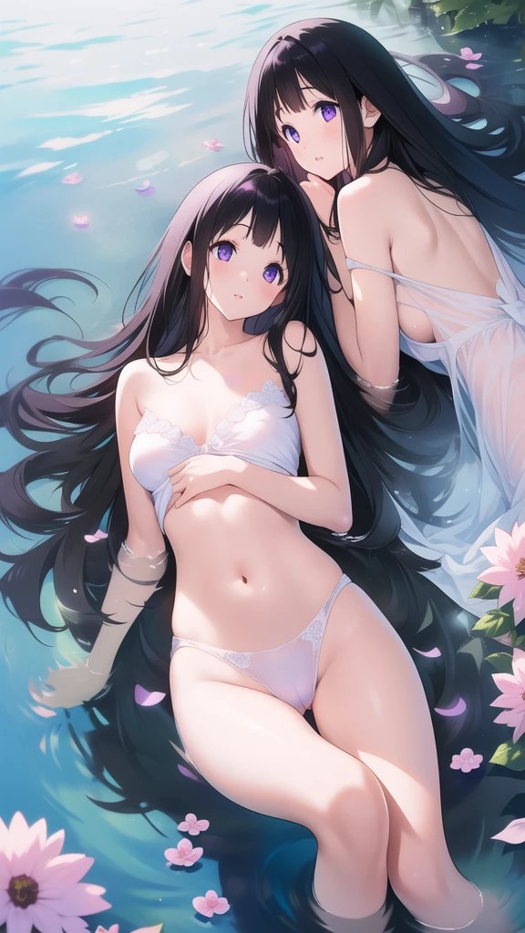 Stunning Chitanda, There is only one beautiful girl,purple eyes, black hair, Naturally straight hair, straight bangs,extremely refined,adult face,lips open,flowing long hair,Peerless beautiful girl, dreamlike,Slim,soft, (Sensual), (kawaii), Dream quality,No clothes on,Lying in a sea of flowers,bare shoulders,naked collarbones,bare neck,Bare thighs,Exposed groin,camel toe,bare legs,barefoot,extremely shy,ultra high resolution, (masterpiece:1.2, best quality), (Exquisite and beautiful eyes: 1.2), (Beautiful and delicate face)