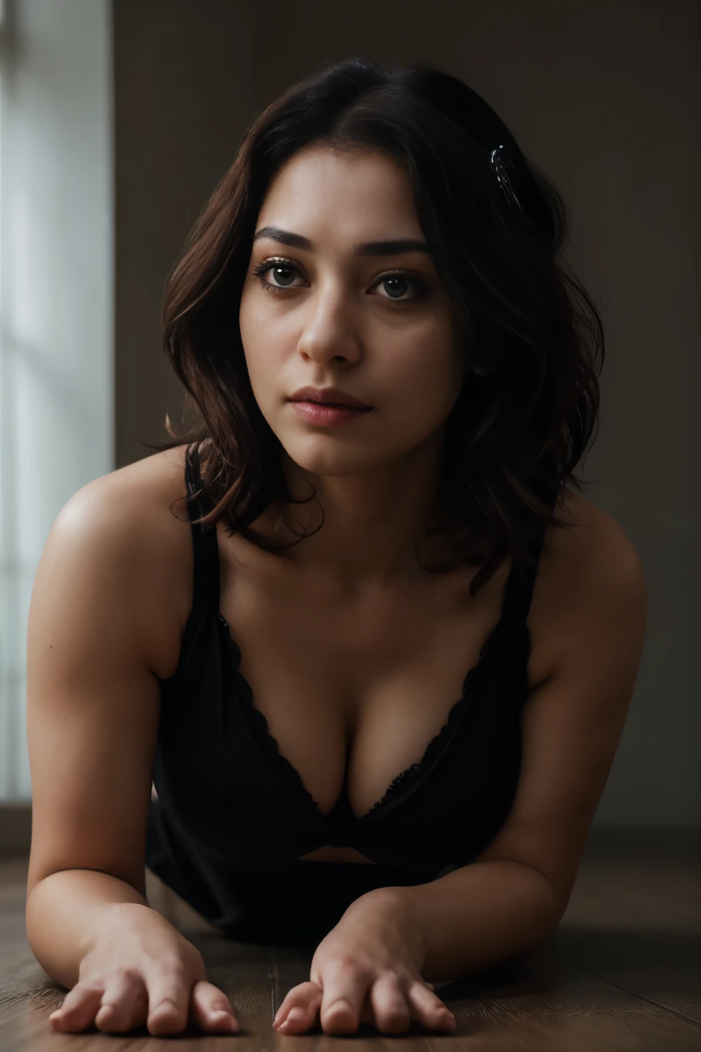 close-up portrait, (portrait photo), ((best quality)), masterpiece, 8k wallpaper, nikon, cinematic lighting, medium hair, (black iris)), (photorealistic:1.4), (woman), (as maid), (deep cleavage), (doing push ups)