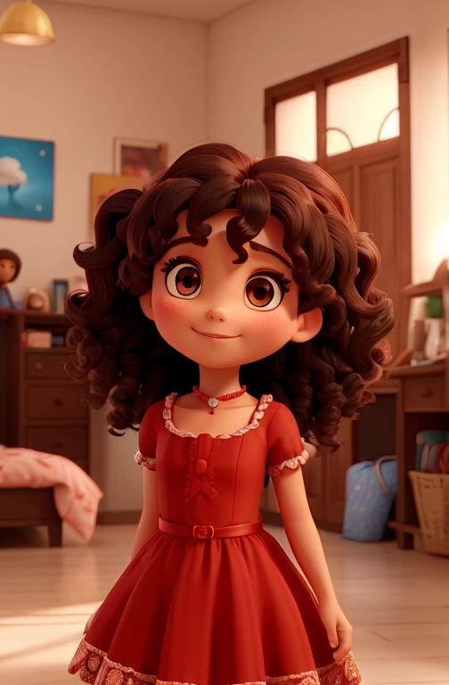 A pretty woman wearing a red dress with circles on it, Ela tem cabelos pretos cacheados e olhos grandes e brilhantes, she is black. crie cenas ela muito feliz sorrindo, ela triste chorando no quarto, ela com os amigos, ela assustada