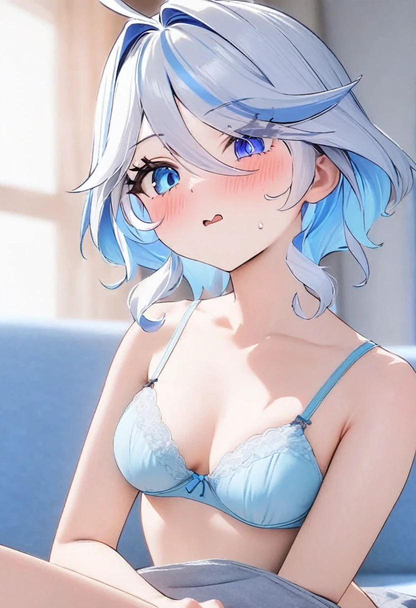 High precision, high image quality, clear images,8k, perfect face,1 girl.Genshn_Xl.Furina＆focal shy face、clear image,Light blue bra, light blue panties,