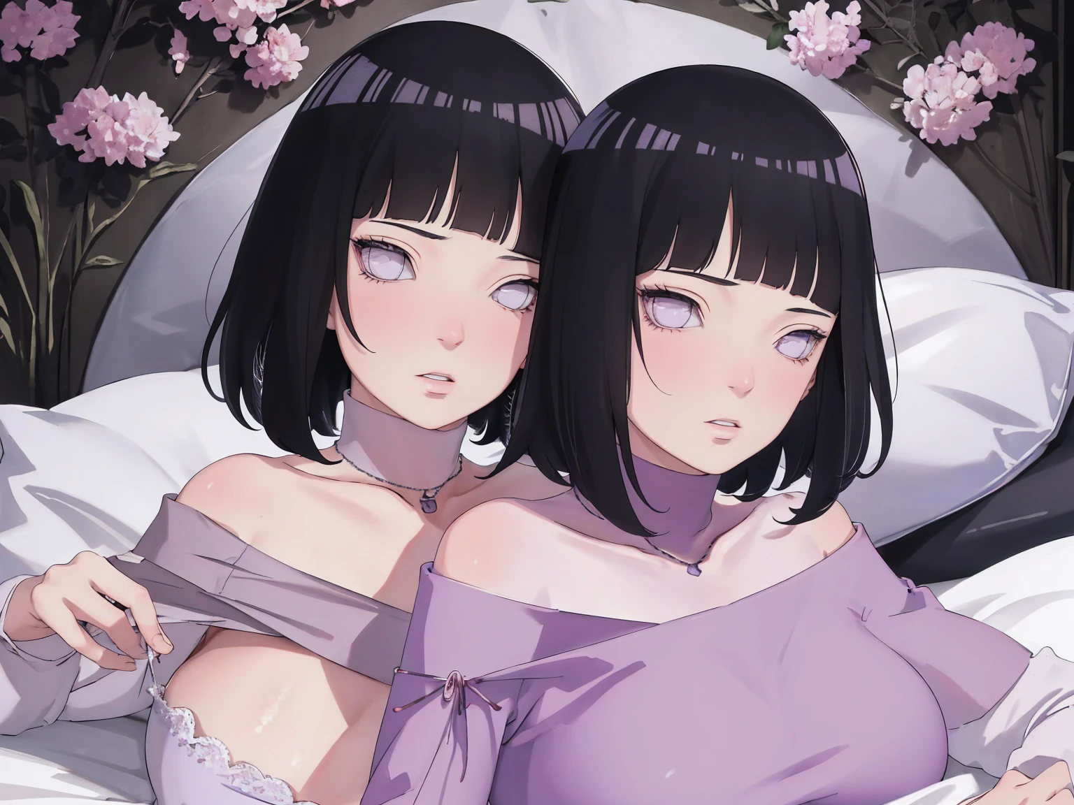 { - anatomy error} (Masterpiece - Ultra-detailed, very high resolution) (huge usty, masterpiece, absurdres, hinata\(boruto\), 1girl, solo,matmale, off-shoulder bra, high waist black short skirt, looking at viewelling petals), perfect composition, detailed lips, big breast, bul face, body propotion, blush, (pink lips), short hair, (black hair), purple eyes, soft gaze, super realistic, detailed, photoshoot, realistic face and body, closed mouth, laying on the bed , Lie on your stomach on the bed, lilac eyes, upper body, lace clothes, with chin resting on shoulder, perfect fingers