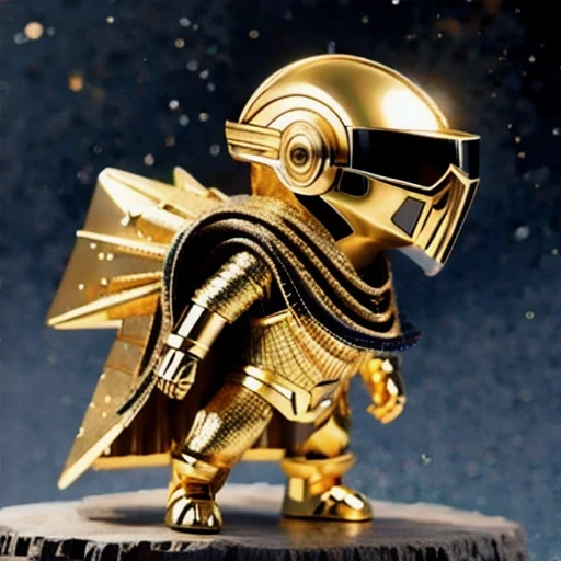 Brilliant Gold Diamond Maya Star, Burlap Cloak Mummy Hood Platinum Silk Cyberpunk Light Crossbow Space Station 1:500 miniature models, illustration, Side view, (Side view), Wear gold-rimmed reflective sunglasses, Carrying future weapons, very happy, Side view, whole body, 3d, (nautilus) octane rendering, perfect appearance, Collagen protein