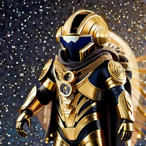Brilliant Gold Diamond Maya Star, Burlap Cloak Mummy Hood Platinum Silk Cyberpunk Light Crossbow Space Station 1:500 miniature models, illustration, Side view, (Side view), Wear gold-rimmed reflective sunglasses, Carrying future weapons, very happy, Side view, whole body, 3d, (nautilus) octane rendering, perfect appearance, Collagen protein